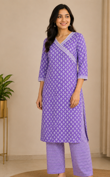 Cotton Floral Printed Kurti Set with Striped Bottom | Cotton Suit Set