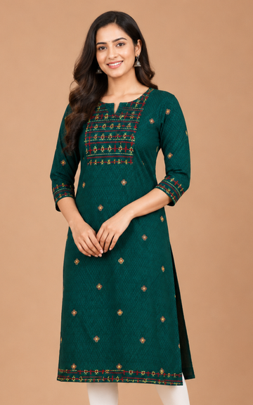 Premium Zora Dark Green Embroidered Kurti for Women | Elegant Ethnic Wear