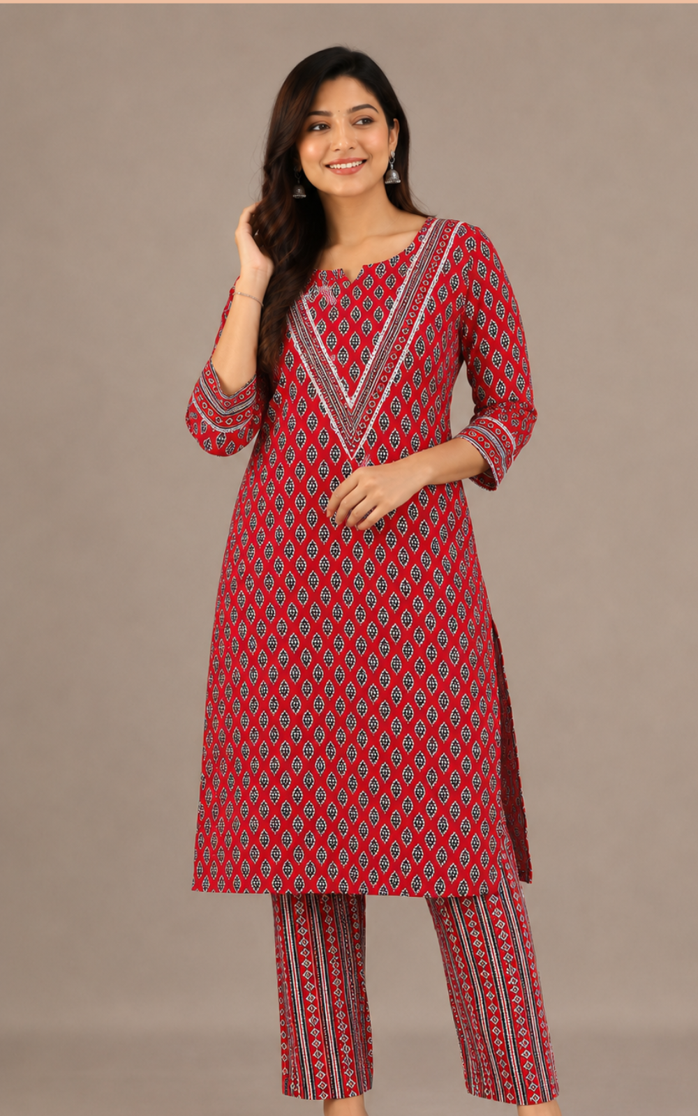 Red Women's Premium Printed Cotton Co-Ord Set | Stylish Top & Straight Pant Set