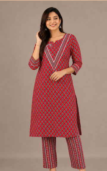 Red Women's Premium Printed Cotton Co-Ord Set | Stylish Top & Straight Pant Set