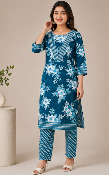 Blue Women's Premium Cotton Printed Co-Ord Set | Stylish Top & Straight Pant Set