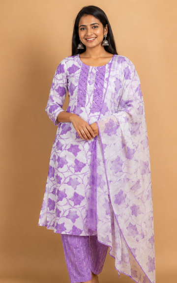 Lavender Cotton 3 Piece Kurti Set with Dupatta - Office wear (Plus size)