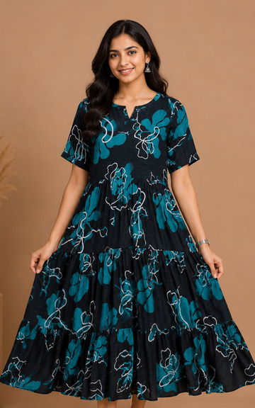 Black Premium Rayon 3 Tier Long Maxi Gown | Puff Sleeve Long Dress for Women