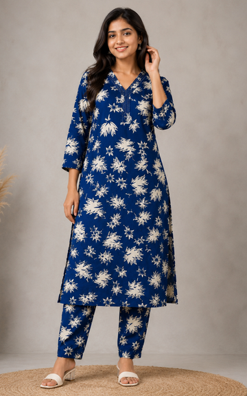 Blue Women's Premium Printed Co-Ord Set| Stylish Top & Straight Pant Set (plus size)