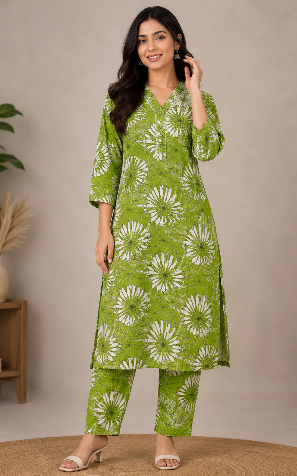 Parrot Green Women's Premium Printed Co-Ord Set | Stylish Top & Straight Pant Set (plus size)