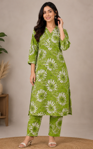 Parrot Green Women's Premium Printed Co-Ord Set | Stylish Top & Straight Pant Set (plus size)