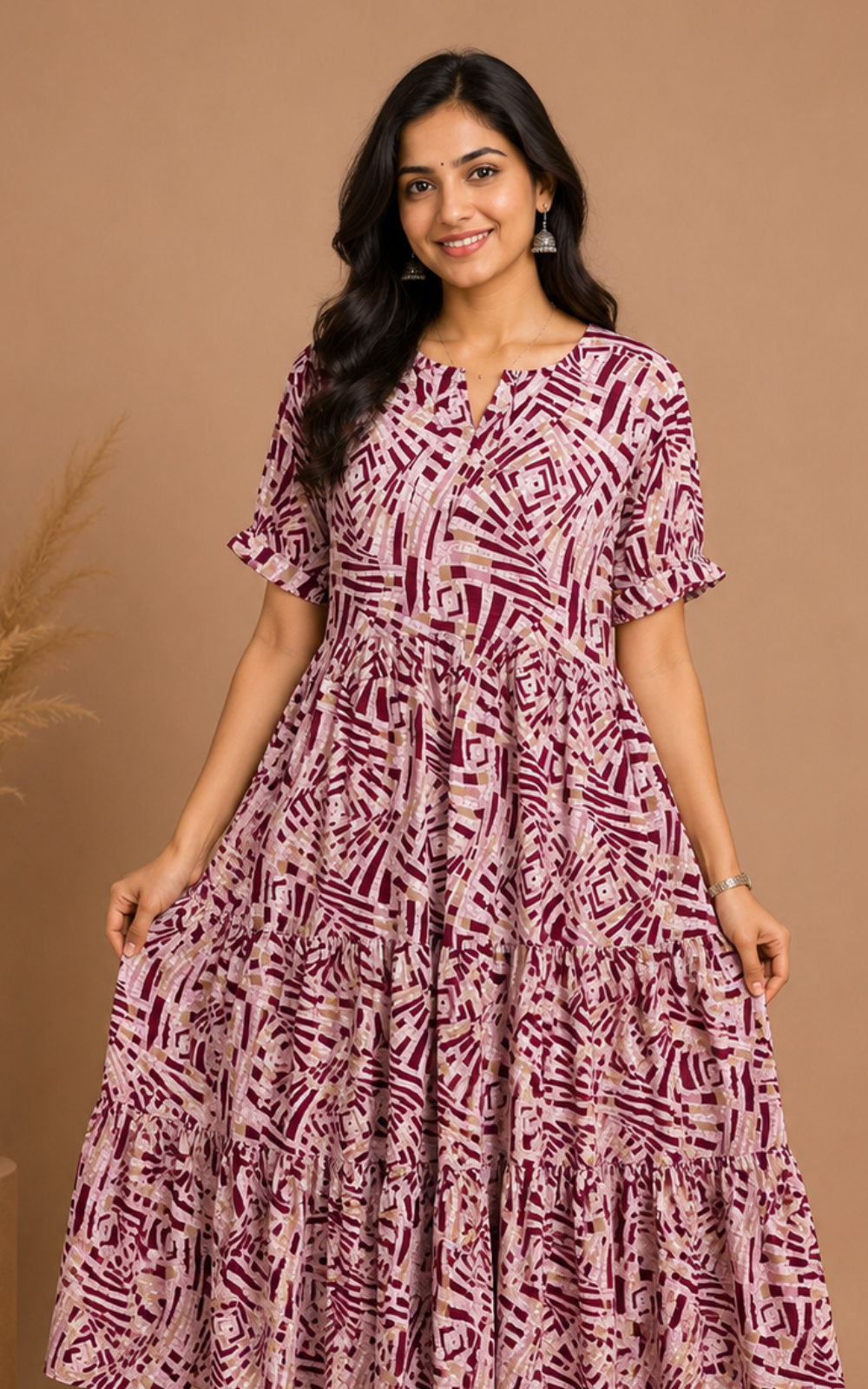 Dark Pink Rayon 3 Tier Long Maxi Gown with pocket | Puff Sleeve Long Dress