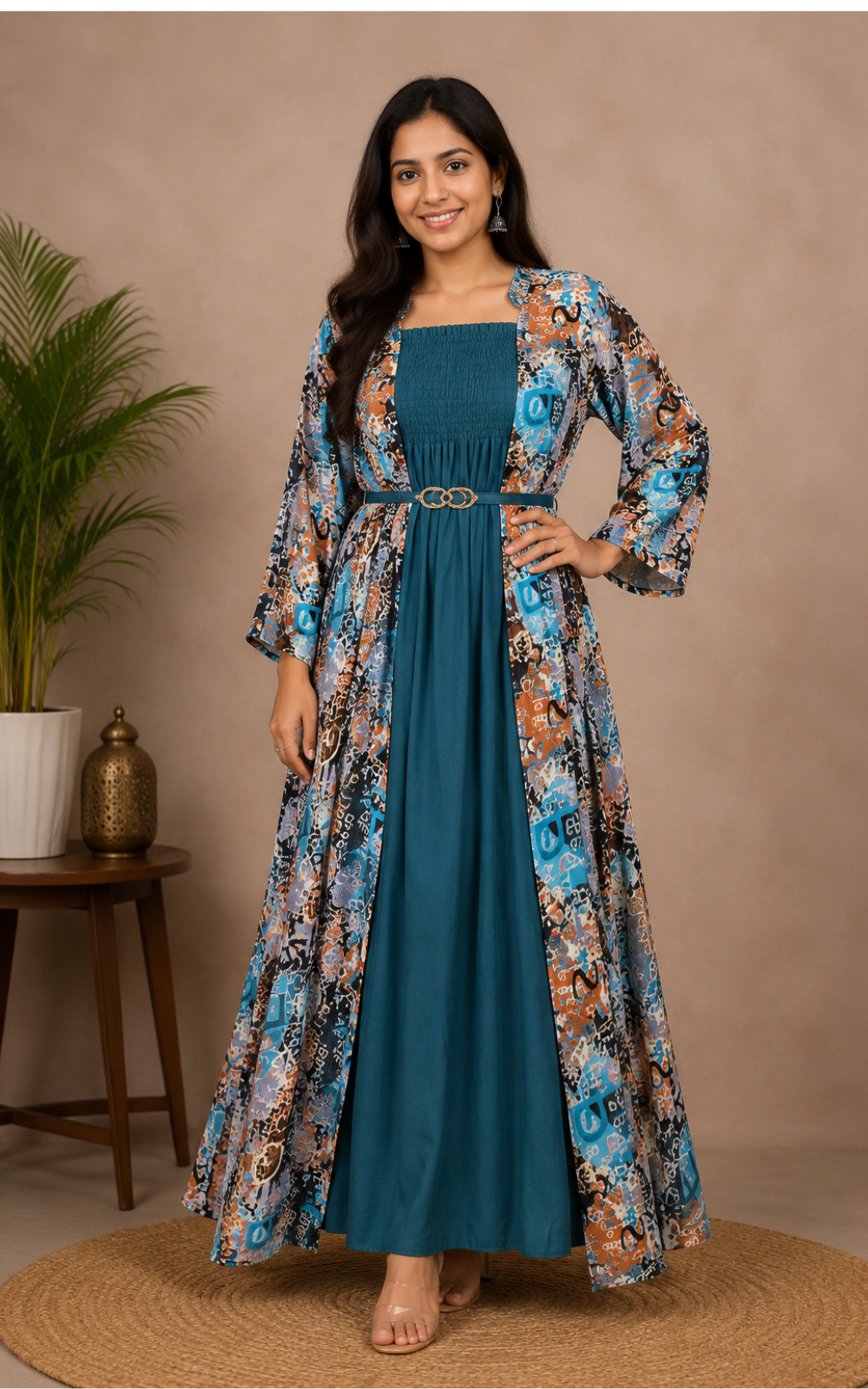 Women's Georgette Long Gown with Printed Overcoat & Hip Belt | Stretchable Free Size (S to L)