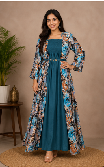 Women's Georgette Long Gown with Printed Overcoat & Hip Belt | Stretchable Free Size (S to L)