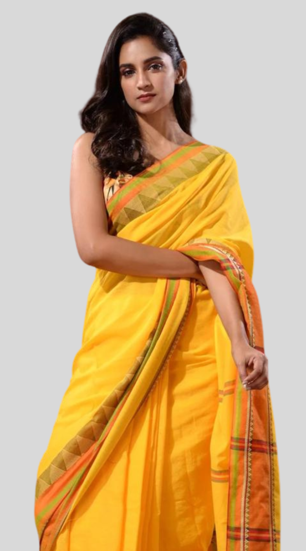 Yellow Elegant Cotton Handloom Saree with Kanchi-Style Temple Border