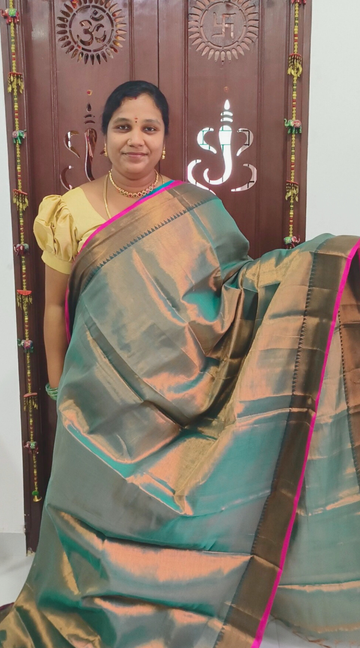 Golden Mint Green Raga Tissue Silk Saree with Running Blouse – Timeless Elegance in Every Drape
