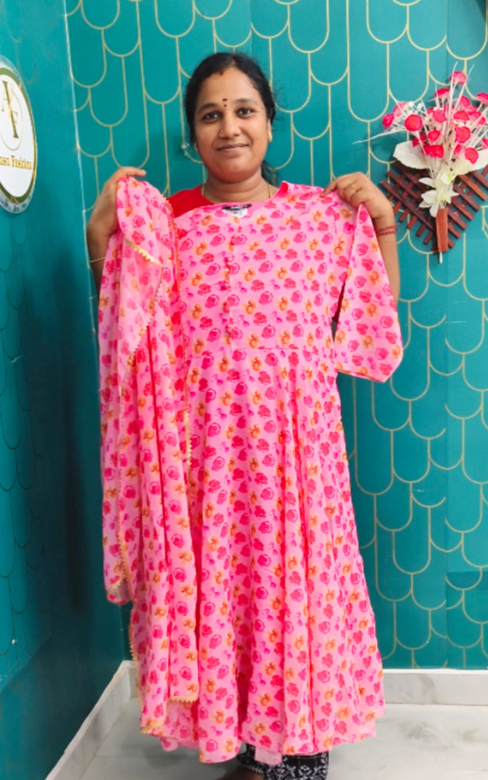 Pink Premium Roman Silk Anarkali lining Long Gown with Silk Dupatta