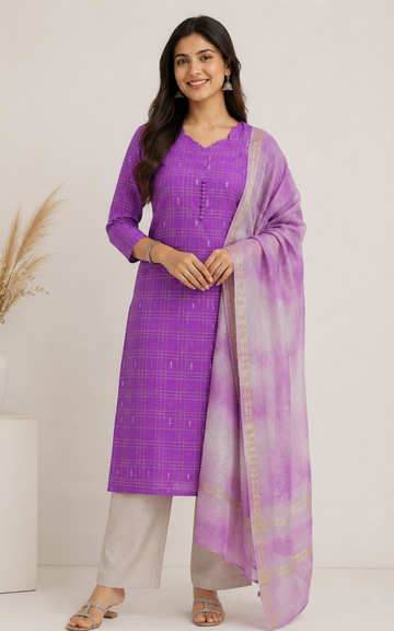Violet Checked Raw Silk Kurti Set with Silk Pant & Zari Dupatta - 3 piece set