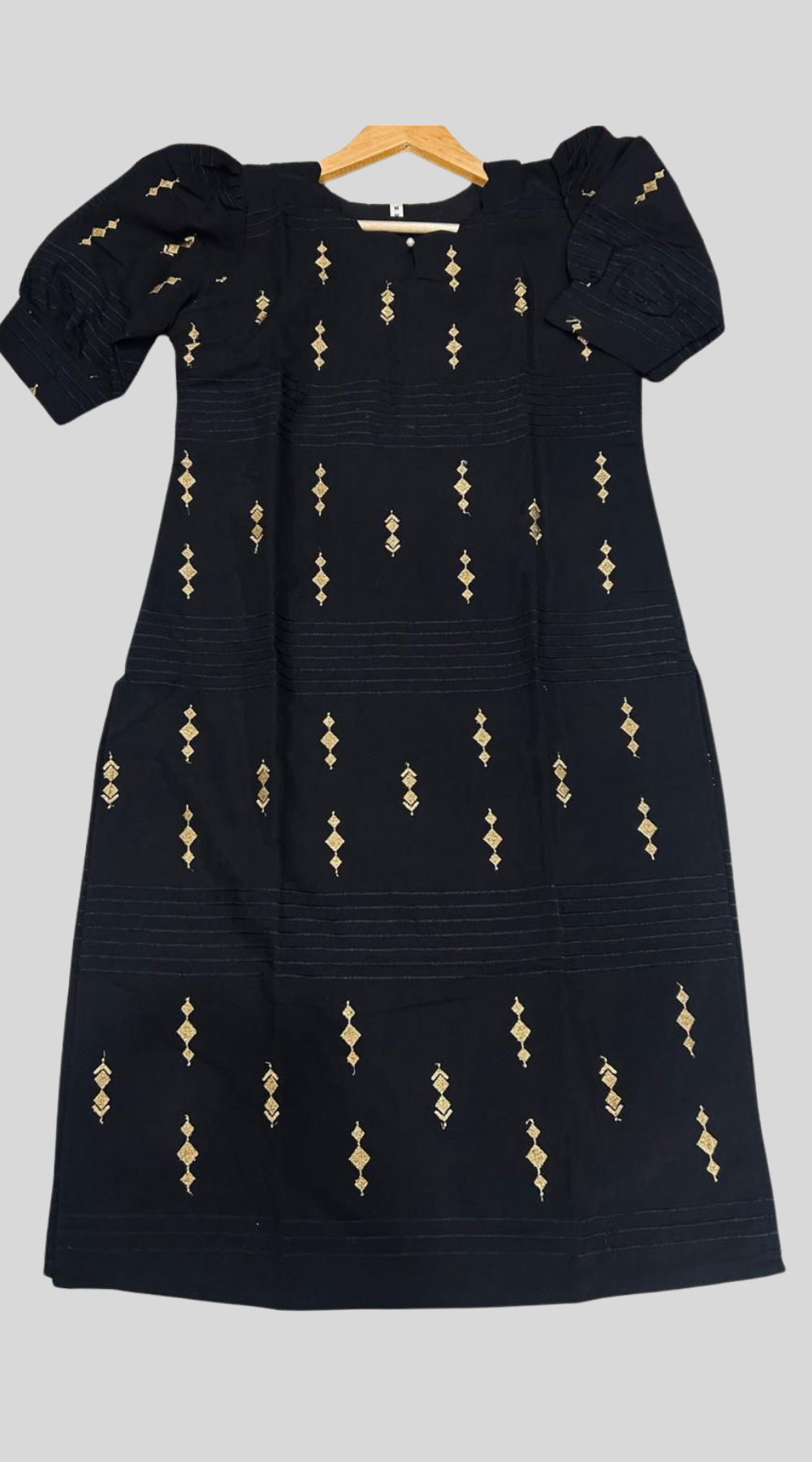 Black Roman Silk Puff Sleeve Trendy Neck Lining Kurti – Elegant & Modern Charm