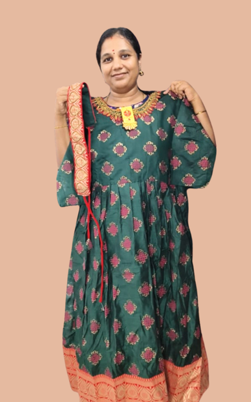 Green Premium Cotton Silk Long Umbrella Kurti with Kanchi Border &  Hip Belt (4xl , 5xl, 6xl )