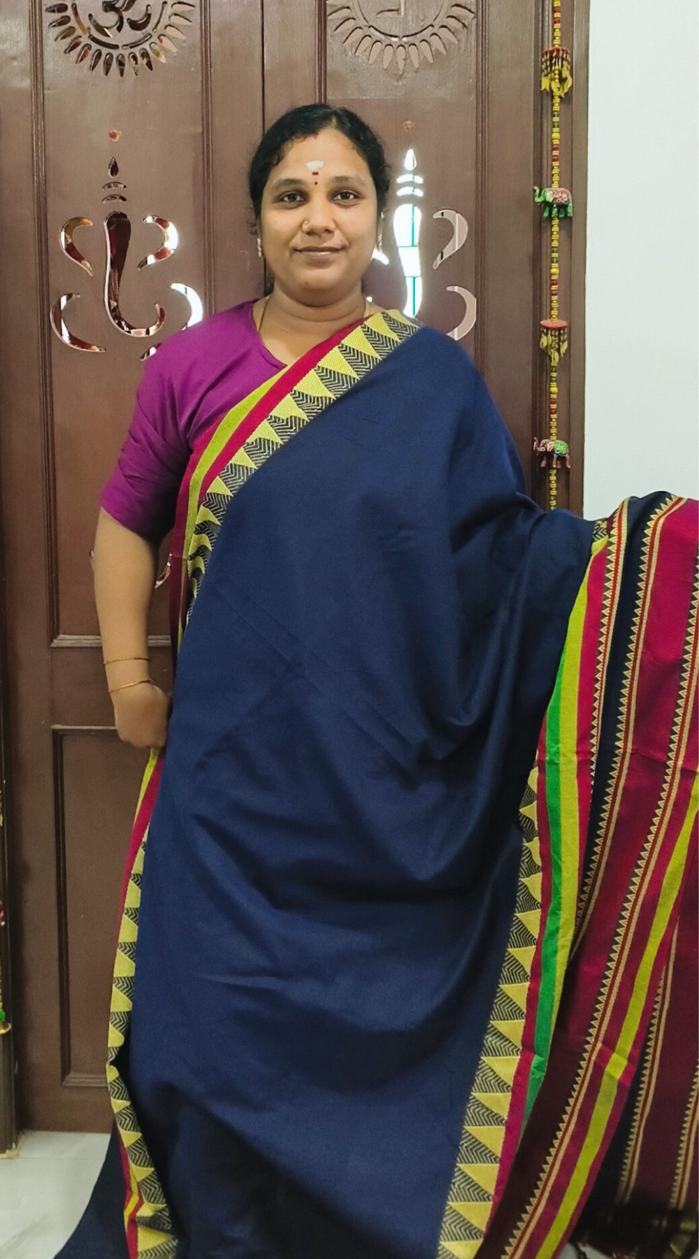 Navy Blue Elegant Cotton Handloom Saree with Kanchi-Style Temple Border
