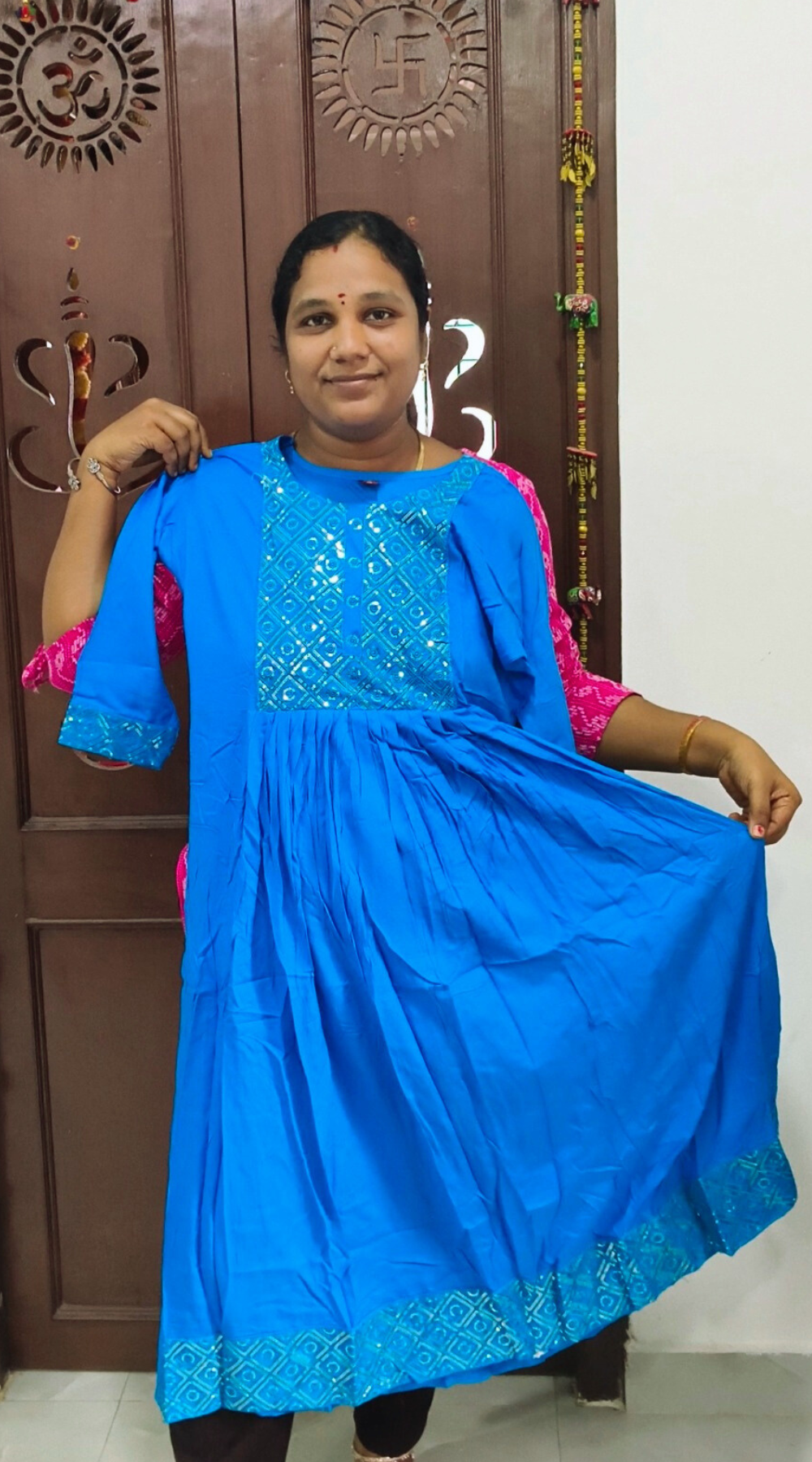 Sky Blue Rayon Umbrella Kurti with Sequence work Yoke