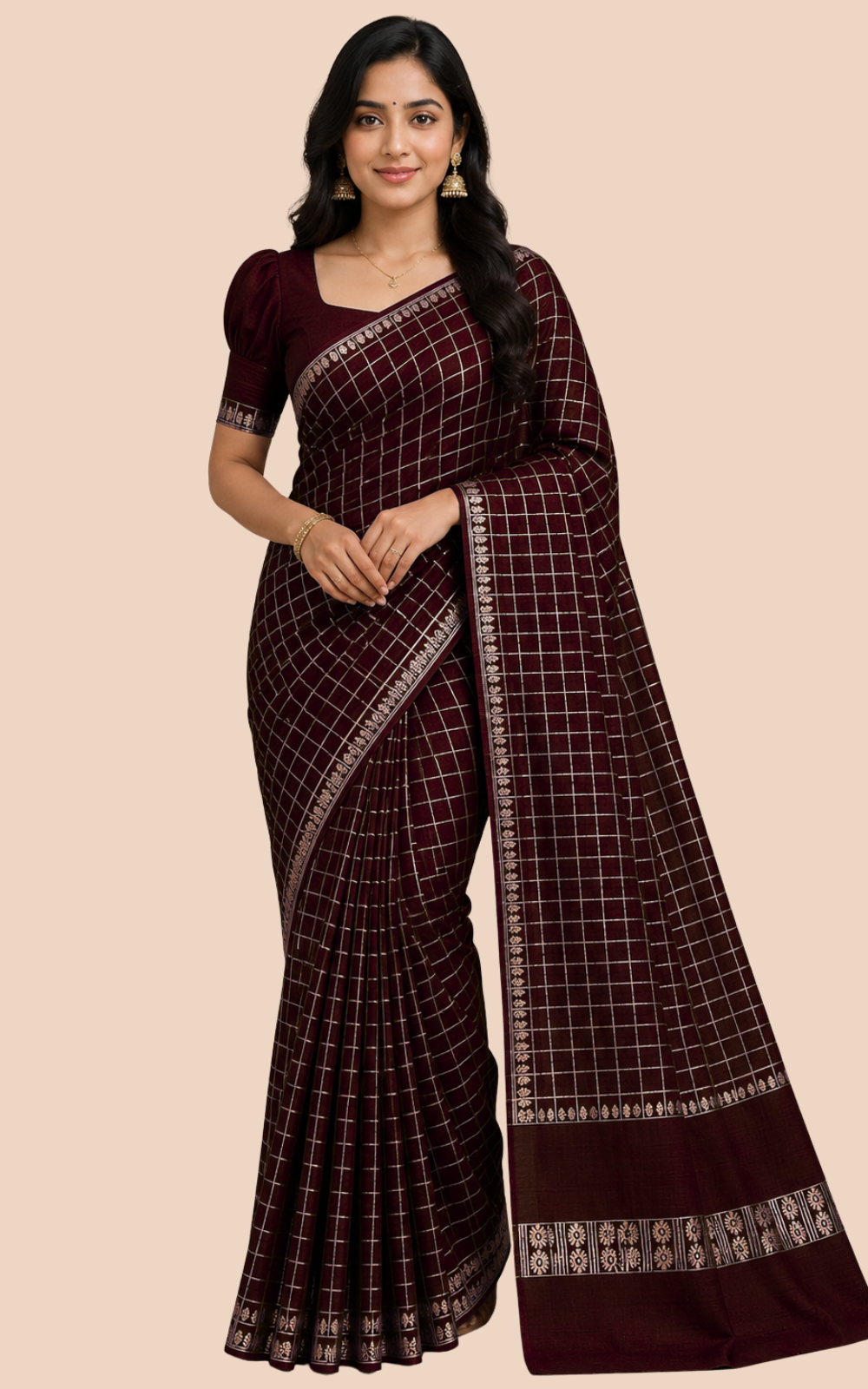 Brown Vichitra SilkSaree with Foil Print Checks & Running Blouse | Festive Wear Saree