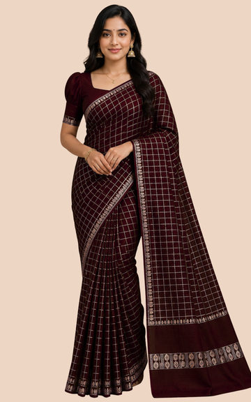 Brown Vichitra SilkSaree with Foil Print Checks & Running Blouse | Festive Wear Saree