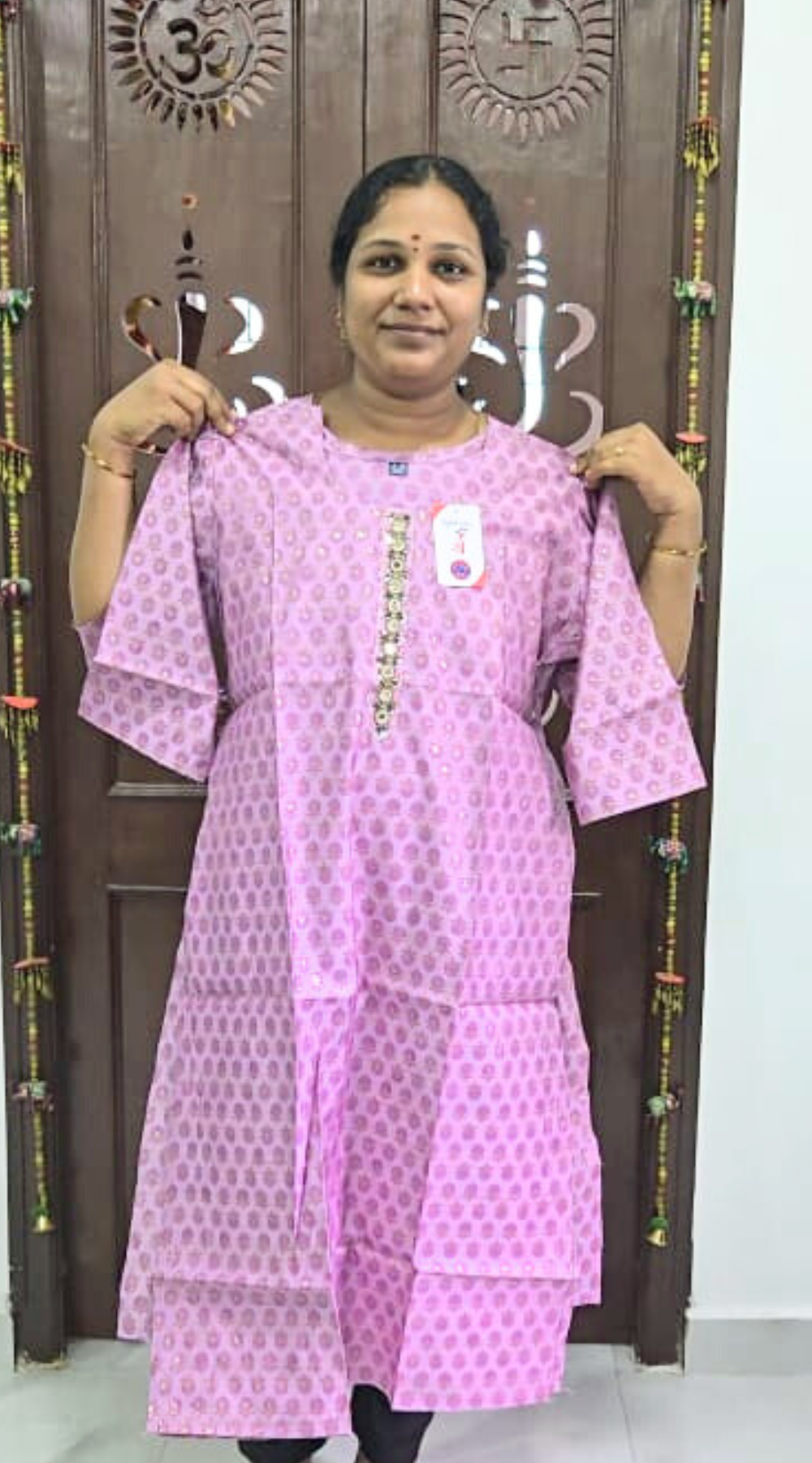 Pink Office Wear  Silk Kurti with Tie patti Mirror work