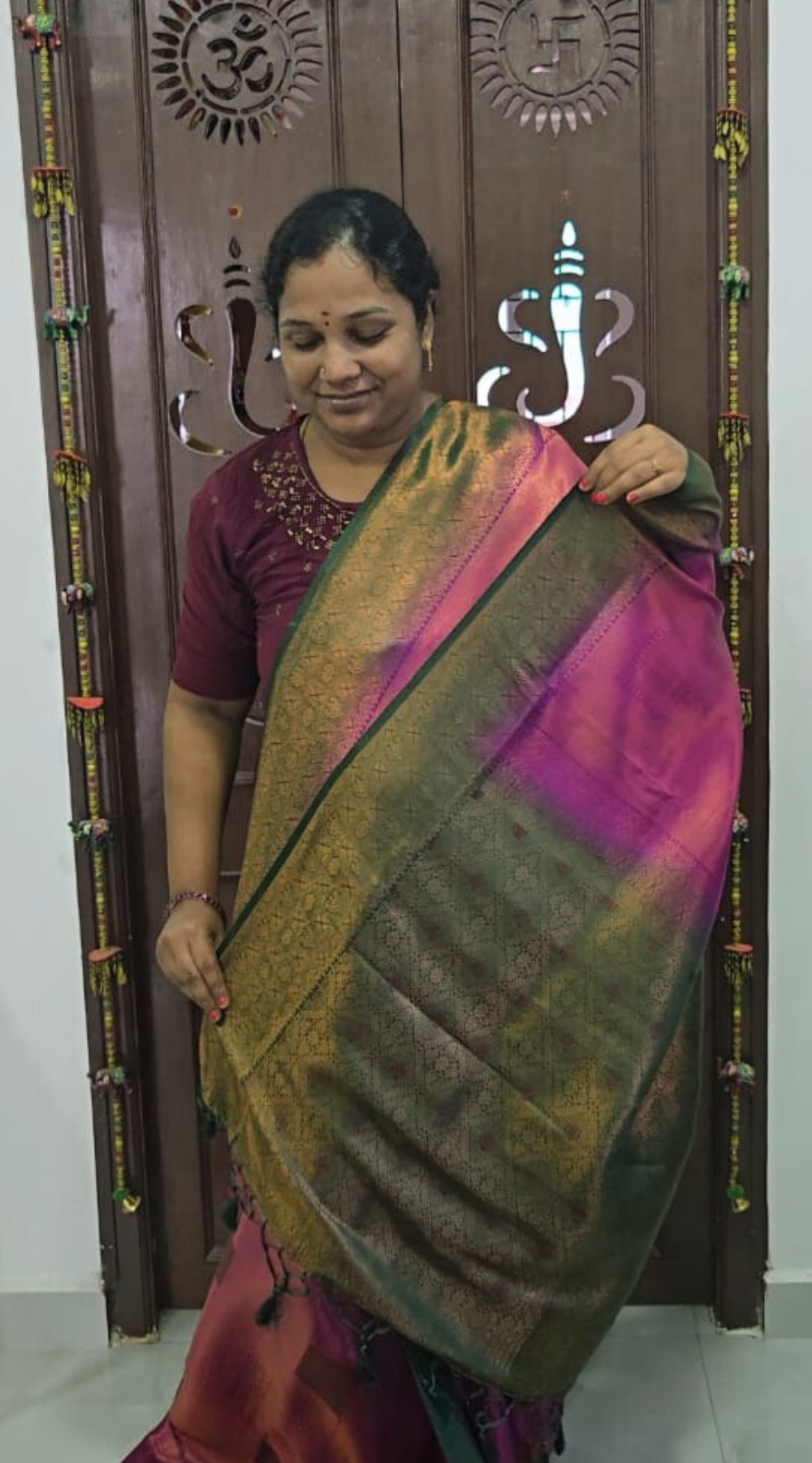 Pink and Green Bridal Soft Silk Saree with Brocade Running Blouse