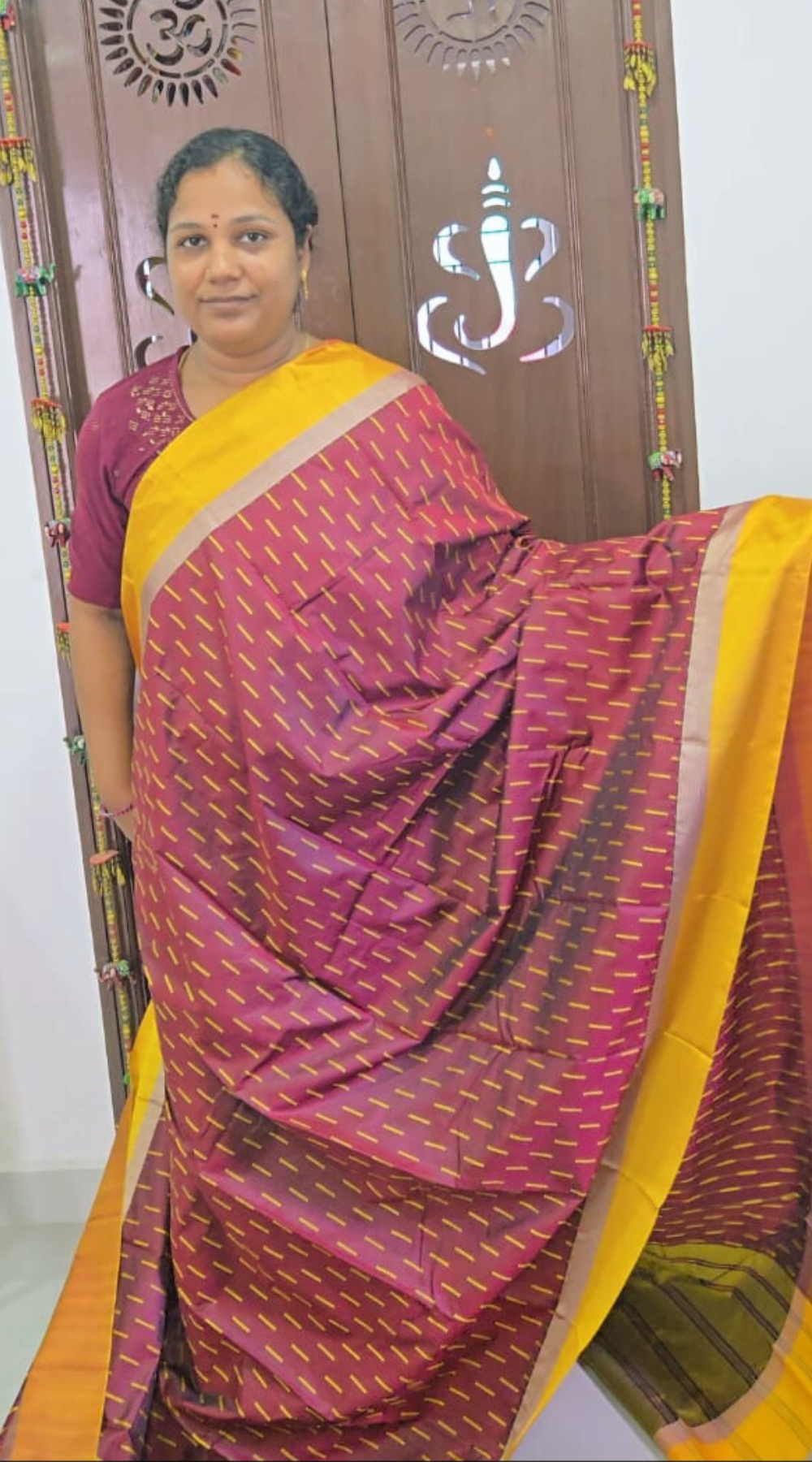 Maroon Semi Silk Dual-Tone Saree with Golden Border & Running Blouse