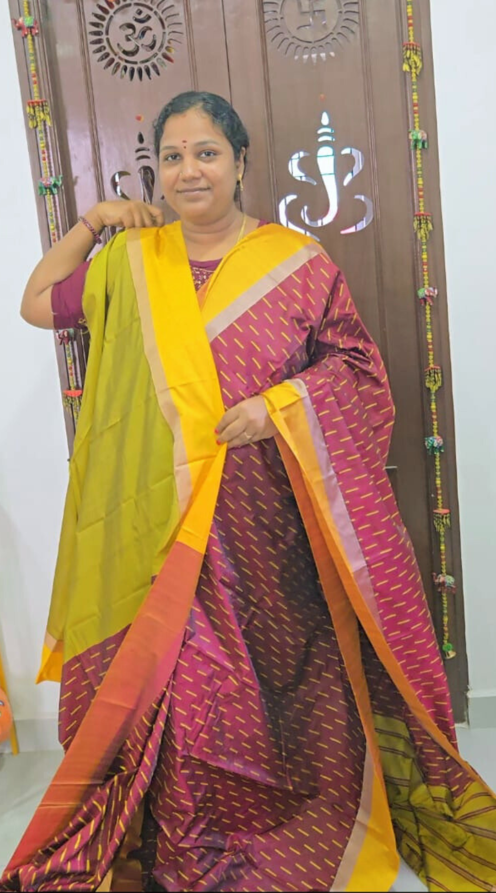 Maroon Semi Silk Dual-Tone Saree with Golden Border & Running Blouse