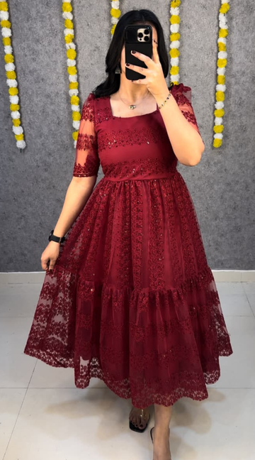 Maroon Heavy Net Flower Embroidered Frock with Full Crepe Lining
