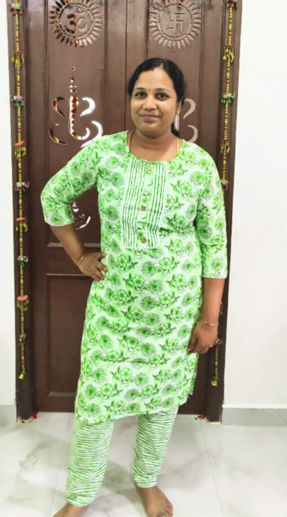 Green Cotton Floral Printed Kurti Set with Striped Bottom | Cotton Suit Set