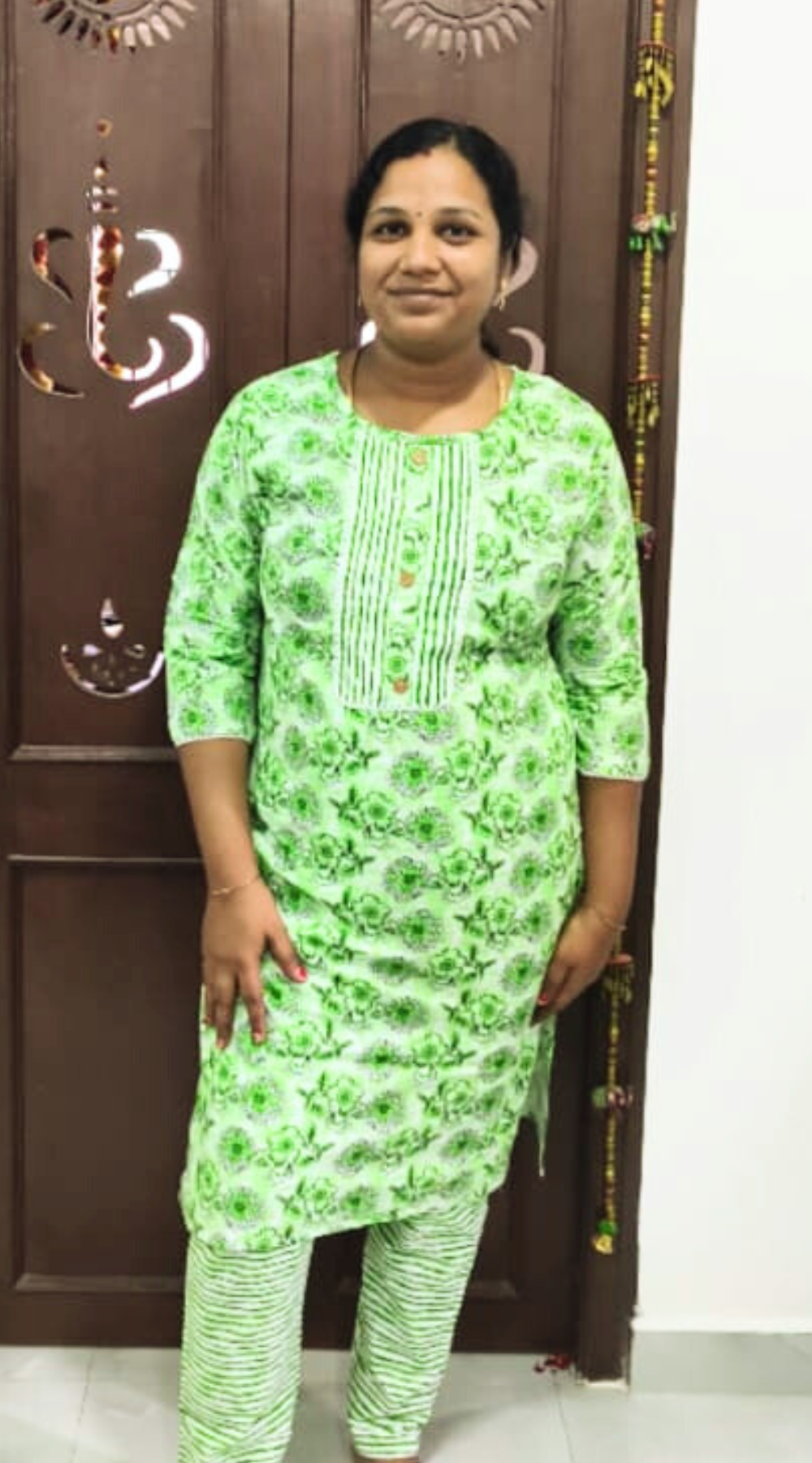 Green Cotton Floral Printed Kurti Set with Striped Bottom | Cotton Suit Set