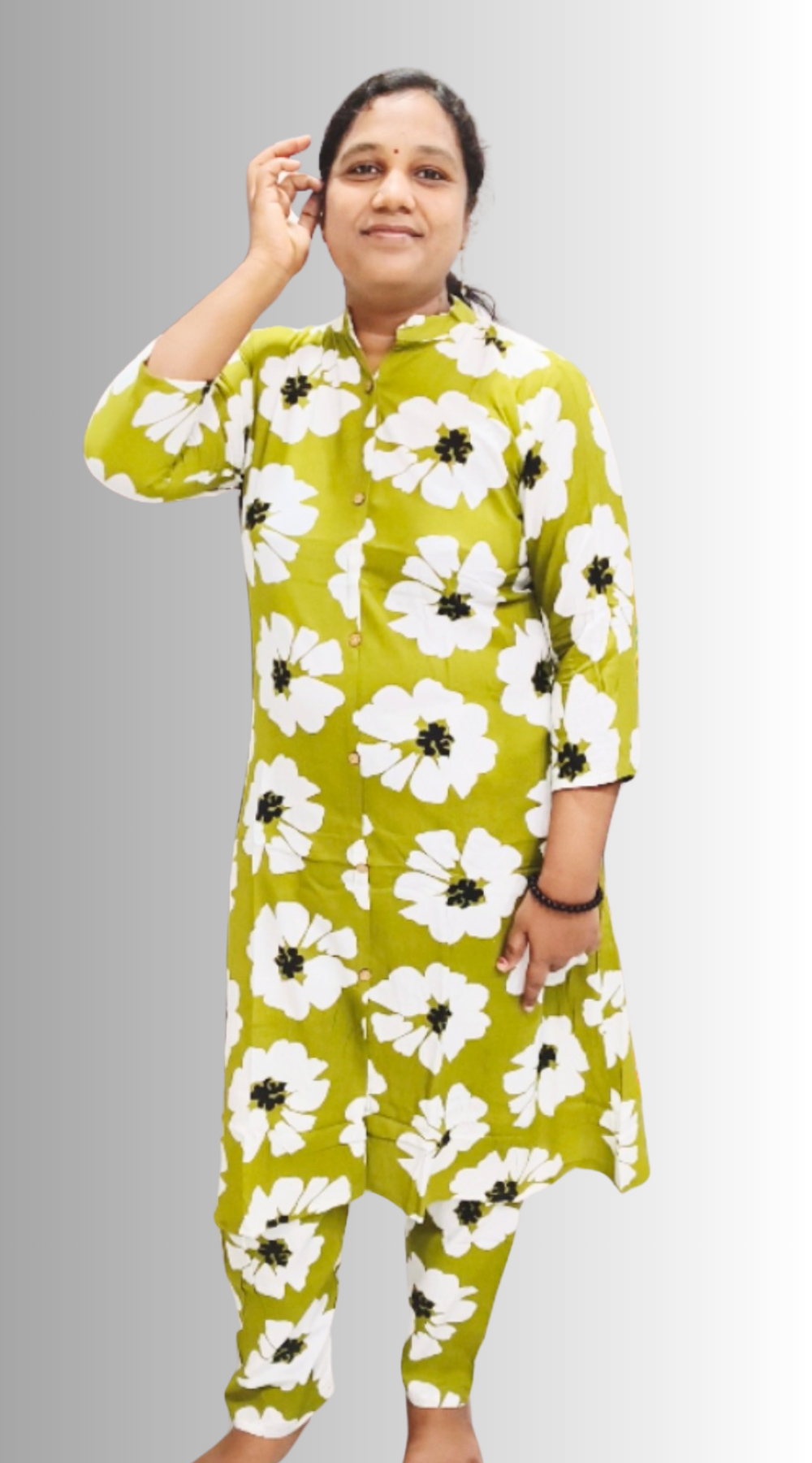 Olive Green Cotton Floral Printed A-line Co-ord Set for Women (Top & Pant Set)