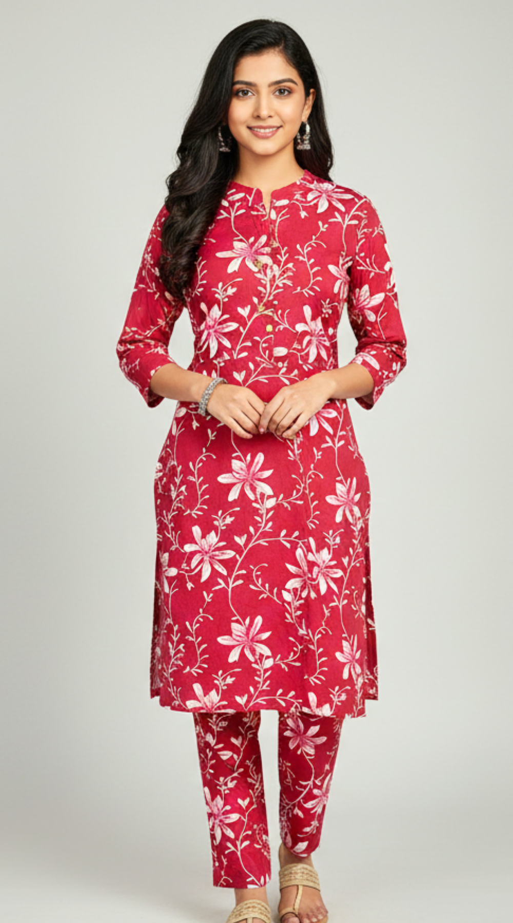 Maroon shade Cotton Floral Printed A-line Co-ord Set for Women (Top & Pant Set)