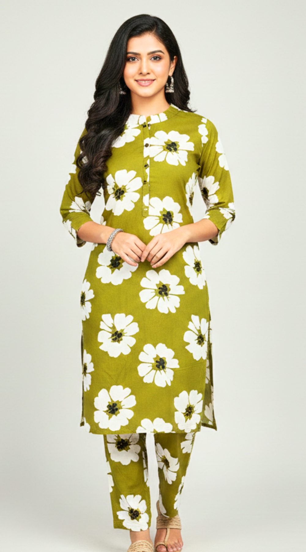 Olive Green Cotton Floral Printed A-line Co-ord Set for Women (Top & Pant Set)