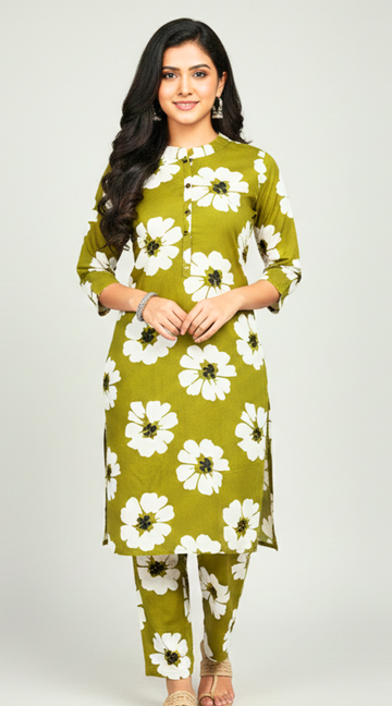 Olive Green Cotton Floral Printed A-line Co-ord Set for Women (Top & Pant Set)
