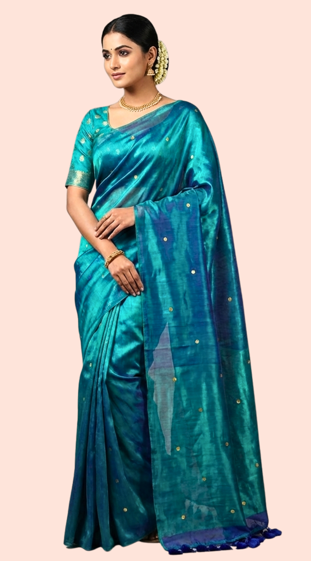 Peacock Colour Tissue Silk Saree with Gini Work & Tassel Pallu | Designer Festive Wear Saree with Running Blouse