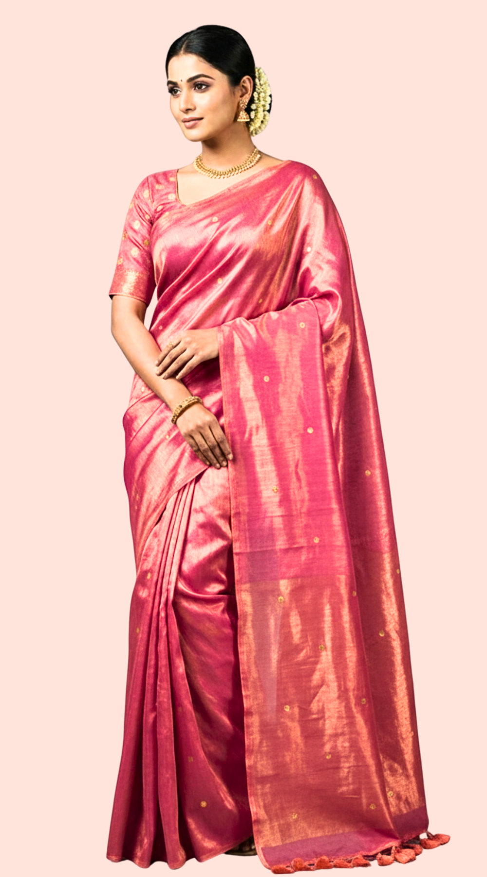 Pink Shade Tissue Silk Saree with Gini Work with Tassel Pallu | Designer Festive Wear Saree with Running Blouse