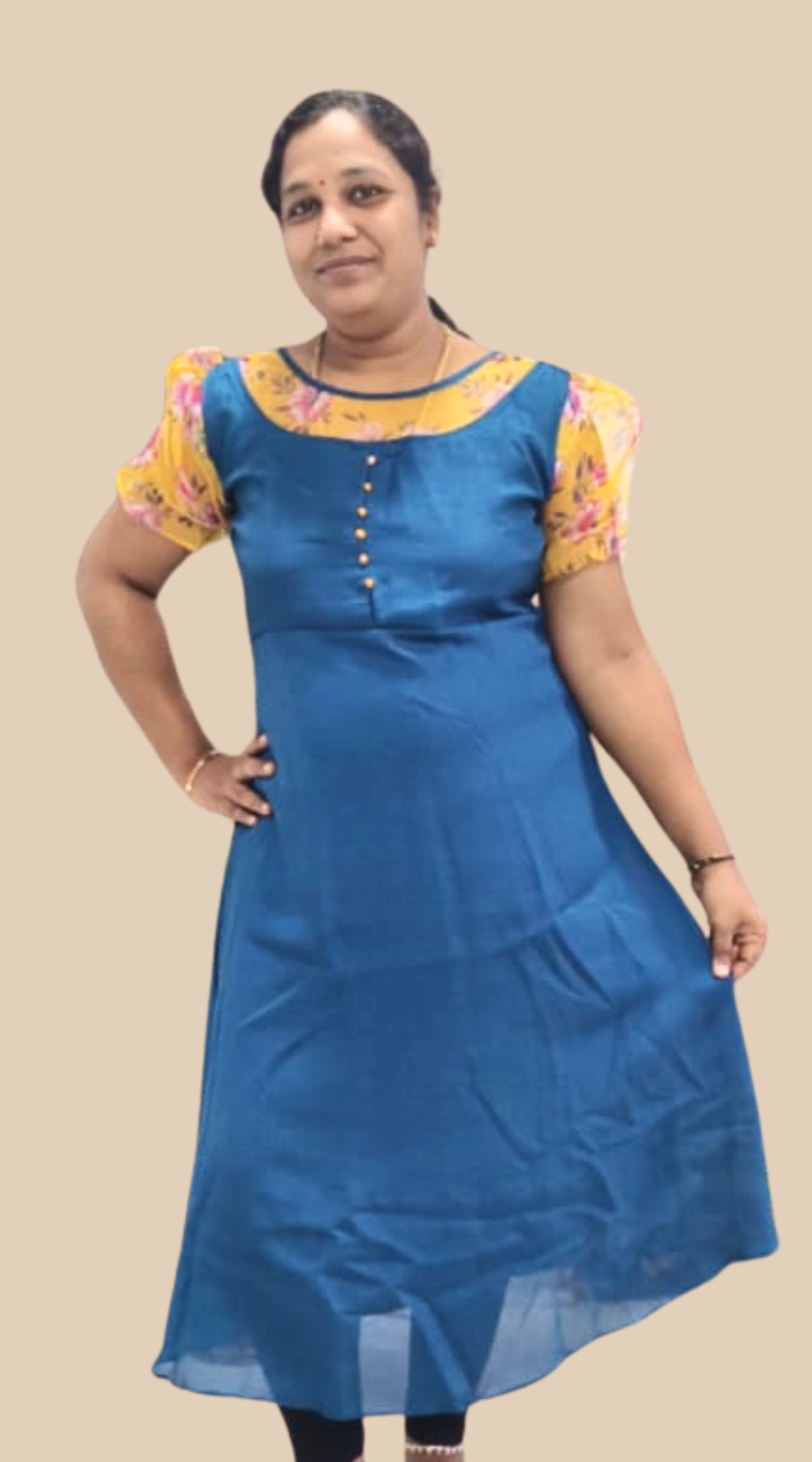 Light Blue Rose Silk Puff Sleeve Kurti with Lining | Elegant Flared Ethnic Wear