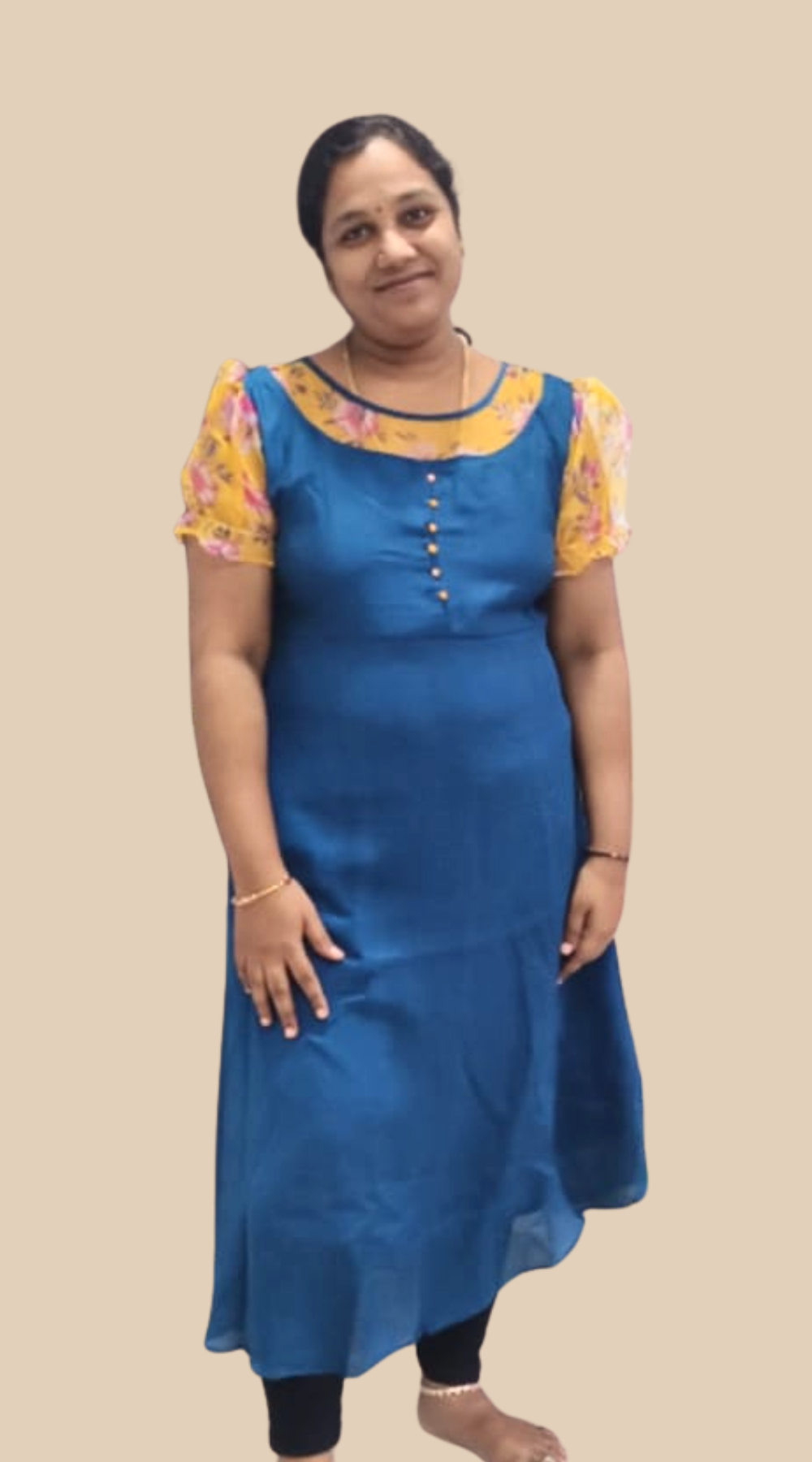 Light Blue Rose Silk Puff Sleeve Kurti with Lining | Elegant Flared Ethnic Wear