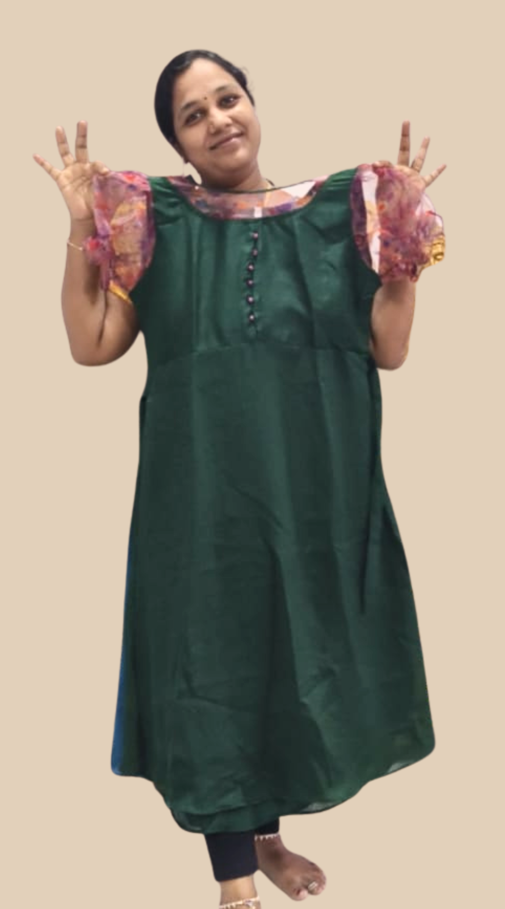 Dark Green Rose Silk Puff Sleeve Kurti with Lining | Elegant Flared Ethnic Wear
