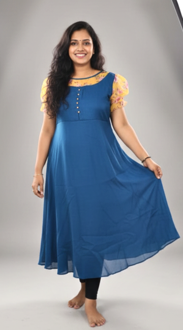 Light Blue Rose Silk Puff Sleeve Kurti with Lining | Elegant Flared Ethnic Wear