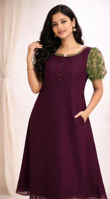 Maroon Rose Silk Puff Sleeve Kurti with Lining | Elegant Flared Ethnic Wear