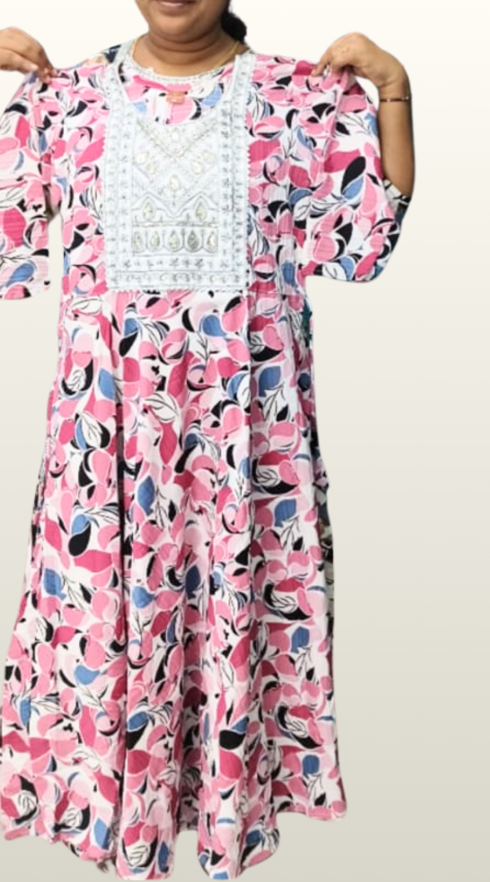 Pink Shade Popcorn Printed Umbrella Kurti with Embroidered Yoke