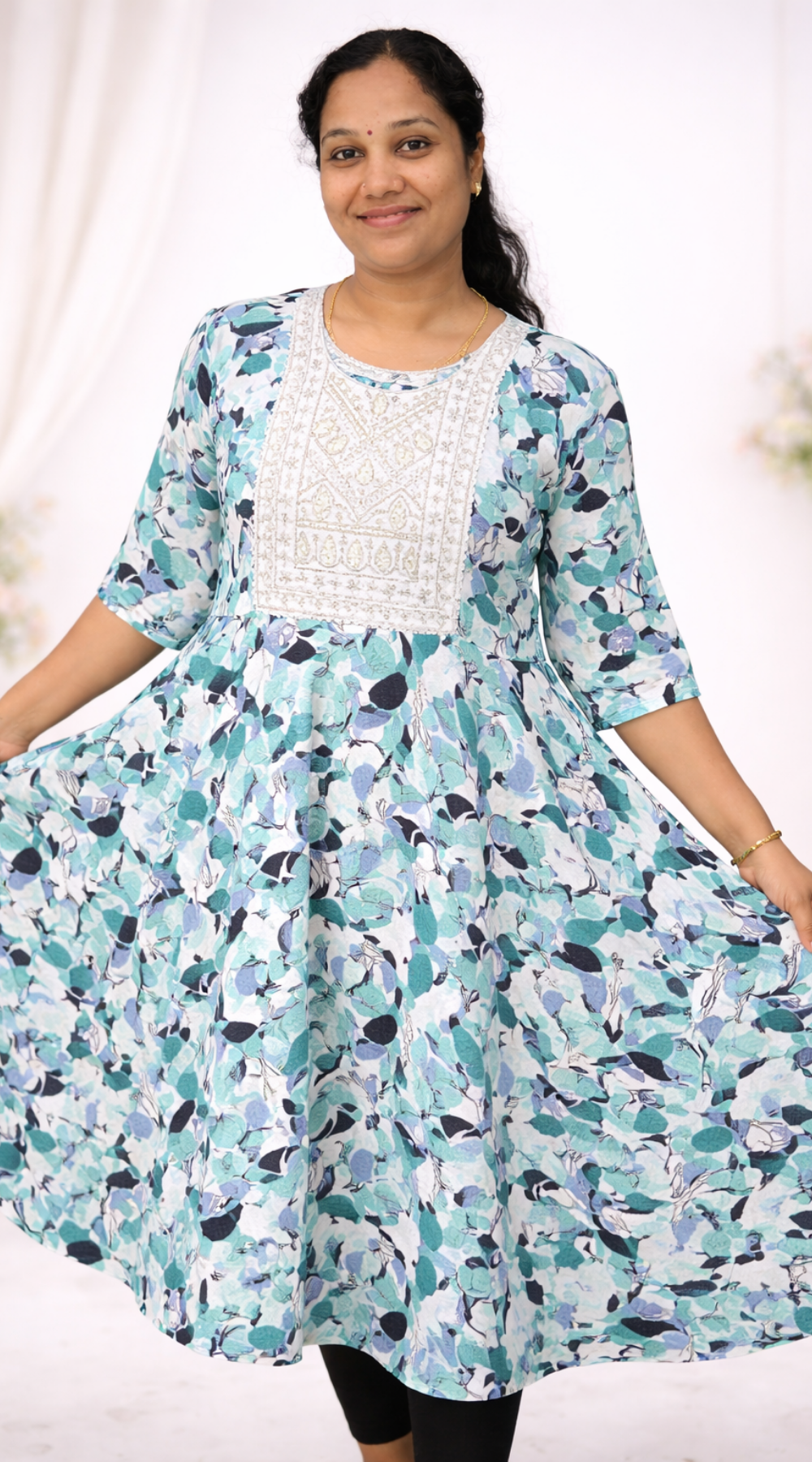 Blue Shade Popcorn Printed Umbrella Kurti with Embroidered Yoke