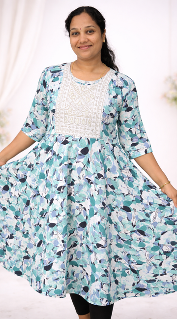 Blue Shade Popcorn Printed Umbrella Kurti with Embroidered Yoke