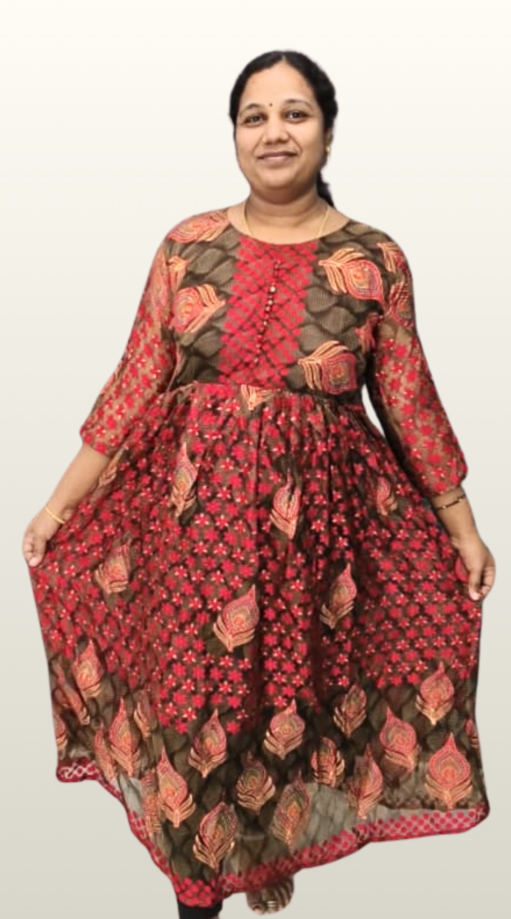 Red with Grey Brasso Silk Anarkali Long Kurti with Lining