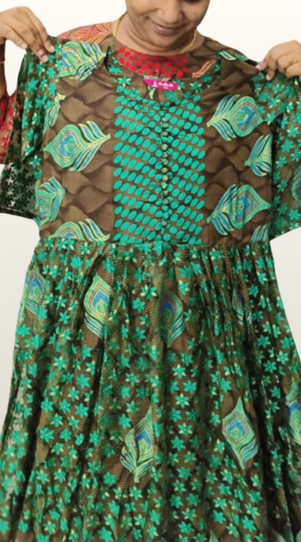 Green with Grey Brasso Silk Anarkali Long Kurti with Lining