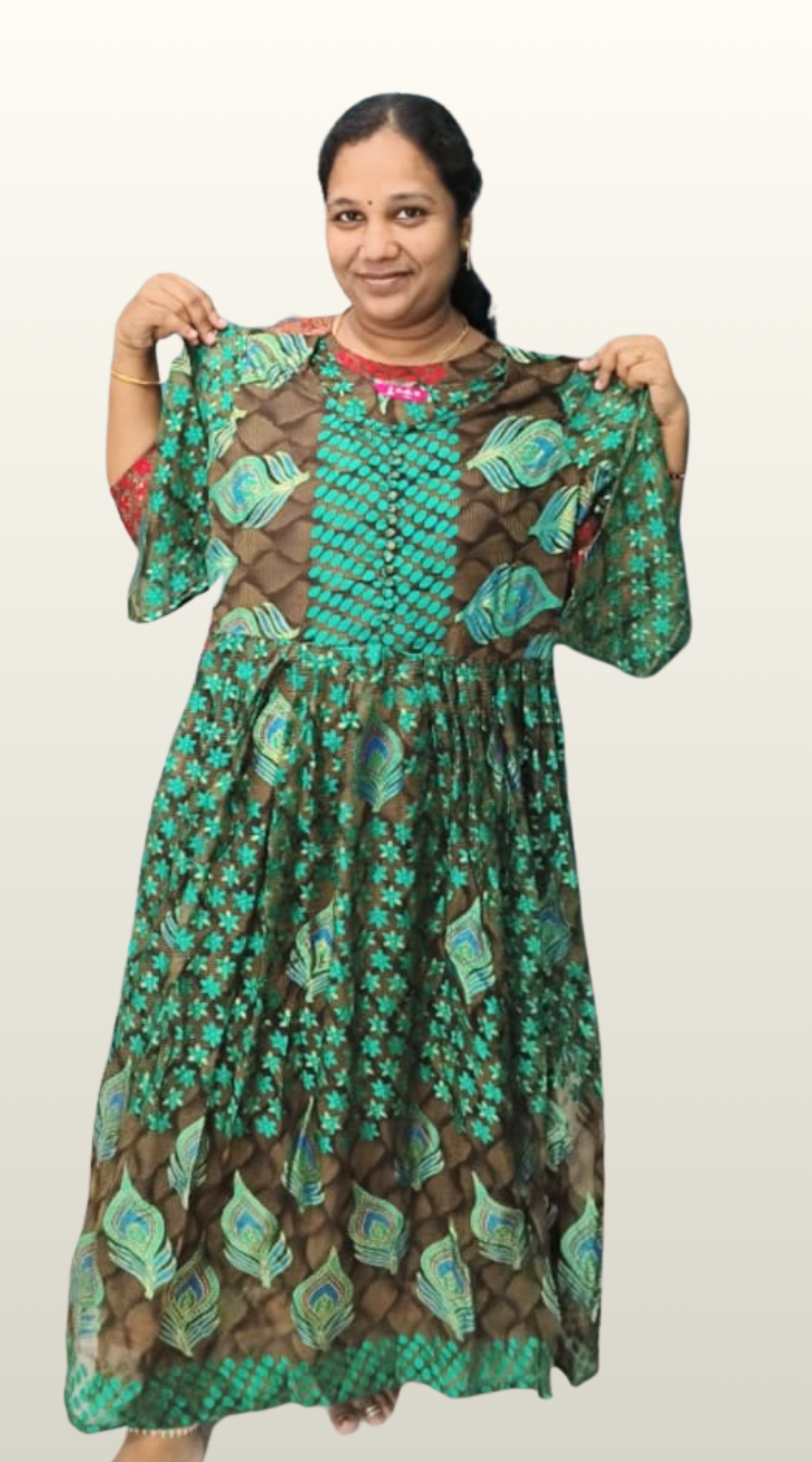 Green with Grey Brasso Silk Anarkali Long Kurti with Lining