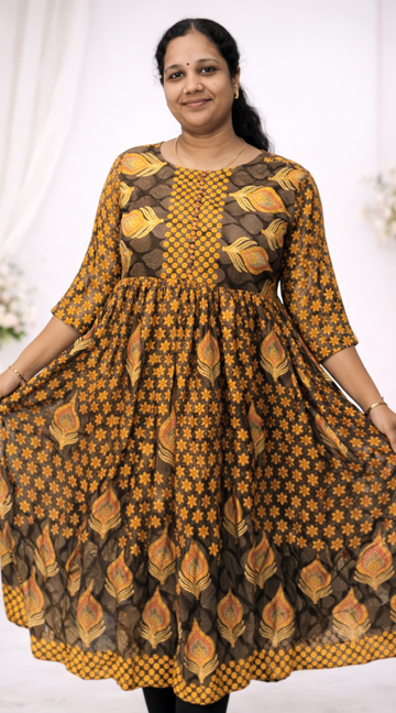 Mustard with Grey Brasso Silk Anarkali Long Kurti with Lining