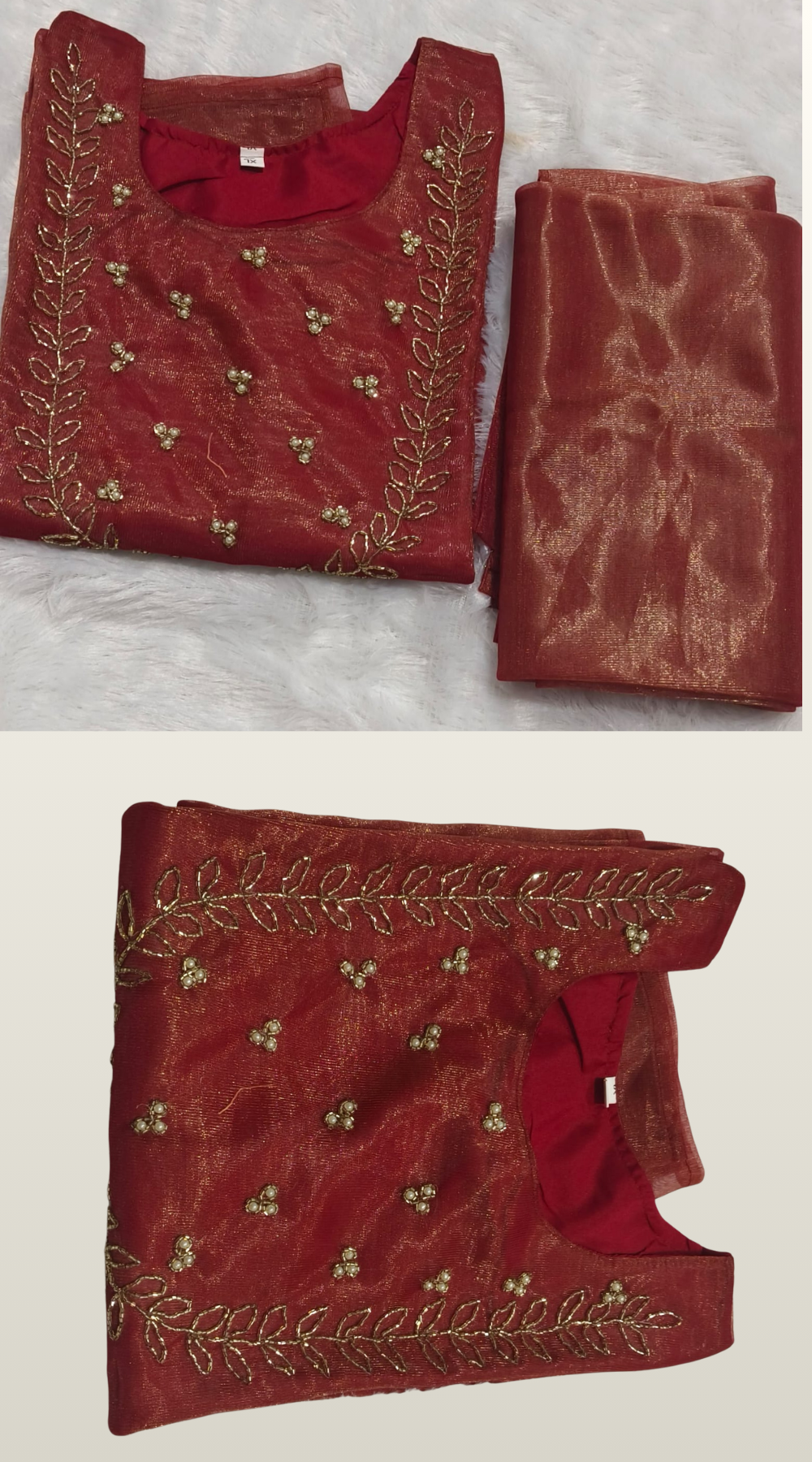 Maroon Hand work Embroidered Tissue Silk Kurti with Dupatta