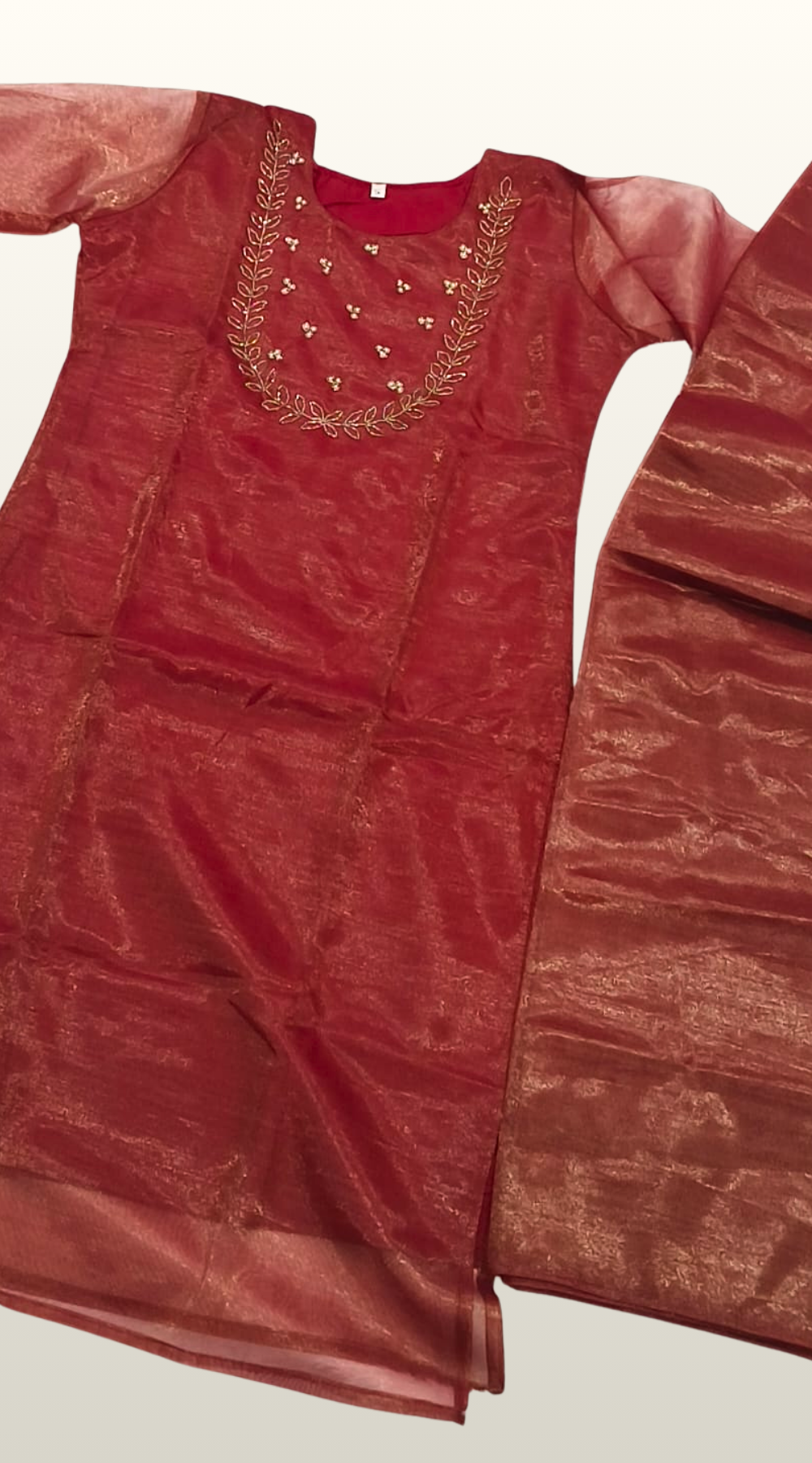 Maroon Hand work Embroidered Tissue Silk Kurti with Dupatta